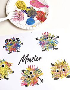 a paper plate with monster pictures on it and the words monster written in different colors