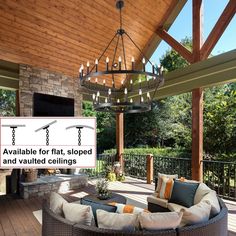 an outdoor living area with furniture and a sign that says available for flat, sloped and vented ceilings