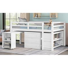 a white loft bed with drawers underneath it