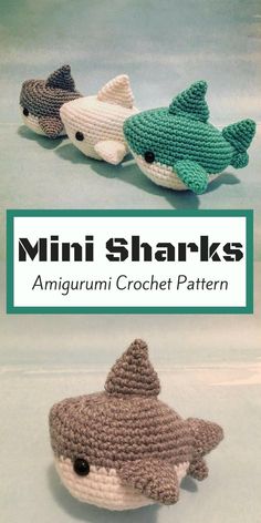 two crocheted stuffed animals with the words mini sharks written in white and green