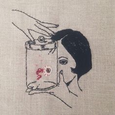 a drawing of a woman holding a jar with blood on it