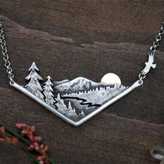 18" Long Pewter Pendant Metal And Stone Jewelry, Metal Cutout Jewelry, Dremel Pendant, Handmade Metal Jewelry, Soldered Jewelry, Calligraphy Artwork, Mountain Necklace, Metalsmithing Jewelry, Metal Clay Jewelry