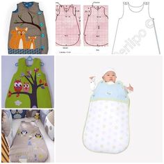 several pictures of baby sleeping bags, including one with an owl on it and the other with