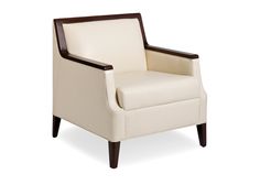 a white chair with brown trim on the armrests and back rests against a white background