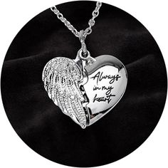 an angel heart necklace with the words always in my heart