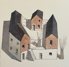 a drawing of some houses with stairs going up to the second floor and another building on the other side