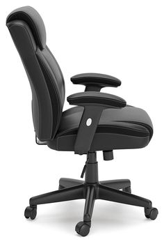 an office chair with black leather upholstered on the back and armrests