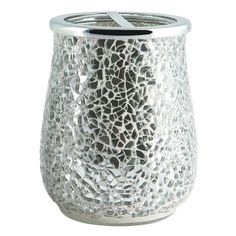 Your bathroom will sparkle with the Better Homes & Gardens Grey Glimmer Mosaic Glass Toothbrush Holder by Walmart Inc. The Toothbrush Holder flaunts a textural silver mirrored mosaic tile glass design. This elegant ensemble will shimmer as light touches it and dazzle any space. The Toothbrush Holder is with a metal lid in a shiny chrome finish. The piece is made of mirrored mosaic glass. Coordinate with BHG Grey Glimmer Mosaic Glass Lotion Pump or use separately. Hand wash. Glitter Bathroom Vanity, Mosaic Tile Mirror, Table Centerpiece Decorations, Mirror Mosaic, Body Mirror, Pillar Candle Holders, Shiny Silver, Silver Mirrors, Mosaic Tile