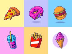 four different types of food are shown in this illustration, including donuts, ice cream, and pizza