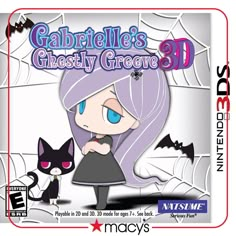 the game cover for gabrille's ghostly grove, featuring a girl with purple hair