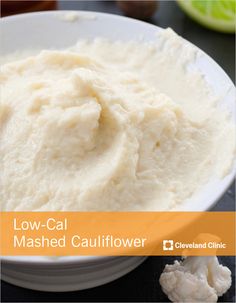 mashed cauliflower in a white bowl with the words low cal on it