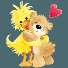 a drawing of a teddy bear hugging a yellow duckling with a red heart on its back