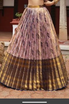 Gold Silk Lehenga, Saree To Skirt Convert, Pattu Lehanga Designs, Long Skirt Outfits Indian, Gold Blouse Designs, Half Sari, Gorgeous Lehengas, Silk Half Saree