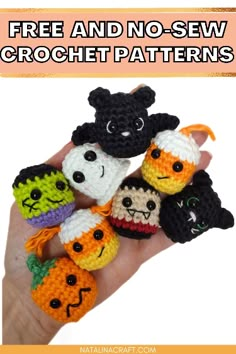 crochet pattern for halloween pumpkins and ghost amigurma finger puppets with text that reads, free and no - sew crochet