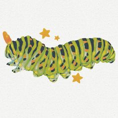 a drawing of a green and black caterpillar with stars on it's back