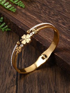 1pc Fashionable Elegant Luxury Original Stainless Steel & Rhinestone Decorated Flower Aesthetics Cuff Bracelet For Women & Girls, Bridesmaid Gift Gold    Stainless Steel     Women Fashion Jewelry, size features are:Bust: ,Length: ,Sleeve Length: Gold Jewelry Fashion Bangles, Gold Bangles Bracelet For Women, Womens Gold Bracelets, Gold Bracelet Women, Bracelet For Women Gold, Bracelet Bangle, Luxury Gold Bracelet With Elegant Design As Gift, Festive Gold Bracelets With Elegant Design, Bangle Bracelets Gold