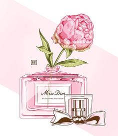 a pink perfume bottle with a flower in it