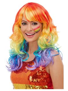 Paint the town rainbow when you wear this awesome wig. The Rainbow Glam wig features a fringe and provides the finishing touch to your costume. It will turn heads wherever you go and is a great choice for pride  carnival  and those summertime festivals.      Product Features:   Features a long multi-colored  curly-haired rainbow wig with a fringe   Not suitable for cleaning   Costume wig comes in a display box   Item is a costume accessory for adults and not a toy   Perfect for light up and part Rainbow Wig, Celebrity Wigs, Long Curly Wig, Halloween Wigs, Wig Stand, Wigs Online, Costume Wigs, Halloween Make, Womens Wigs