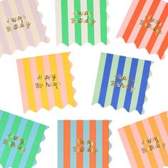 Stripes make a statement! This timeless pattern, with a statement wavy edge, and the words Happy Birthday in gold foil, make these napkins stand out. Bold stripes in 8 bright colors. The words Happy Birthday in shiny gold foil. Wavy edges. Crafted from 3-ply paper, so are practical as well as decorative. Made from FSC mix paper. Pack of 16 in 8 colors. Folded dimensions: 6.5 x 6.5 inches. | Stripe Happy Birthday Large Napkins by Meri Meri | Kids Toys | Maisonette collects the best children’s products from around the world (unlike Zulily, Etsy, The Tot, Farfetch Kids, Childrensalon, Crate and Kids, Kohls, Wayfair, Buy Buy Baby, Nordstroms, Mini Boden, J.Crew Factory, or PotteryBarn Kids), creating a curated shopping experience for you. Think of us as your shortcut to fashion for litte ones! Happy Birthday Napkins, Birthday Color Theme, Meri Meri Party, Wavy Edges, Birthday Napkins, First Birthday Themes, Party Goods, Meri Meri, Birthday Themes