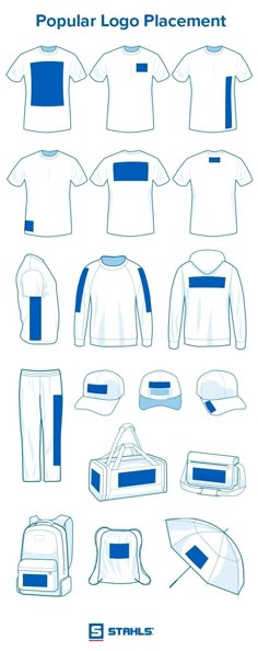 the blue and white design is shown in this graphic style, with different items to choose from