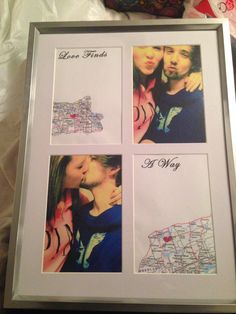 three pictures are displayed in a frame with the words i love friends and a map