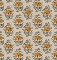 an old wallpaper pattern with flowers and leaves on white background, in shades of blue and brown