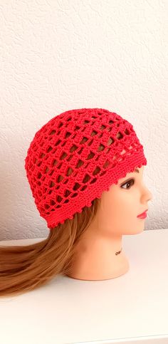 "Women's Crochet Summer boho Girls summer hat red summer skull hat 100% cotton tams hat Womens Summer Cotton beret Ladies lace summer hat READY TO SHIP This women's summer hat is crochet in beautiful red colour and it is made of mercerized 100% cotton yarn, so this summer hat will keep you always trendy this season. Size will fit women's heads with a 58-59 cm/ 23\" head circumference. This hat is mashine washable (60oC) and dry it flat. All items from MaijaAccessories are made and maintained in a 100% smoke-free environment.  Because of different monitors and screen resolutions, color may look different on the screen than in reality. Other items in my shop can be viewed at https://www.etsy.com/shop/MaijaAccessories?ref=search_shop_redirect Thank you for visiting and supporting my Etsy stor Red Brimmed Crochet Hat For Summer, Red One-size Crochet Hat For Beach, Red Crochet Hat For Beach, One-size Red Crochet Hat For The Beach, One-size Red Crochet Hat For Beach, Summer Crochet Cap Made Of Cotton Yarn, Red Crochet Hat, One Size Fits Most, Red Crochet Hat For Spring, Summer Hat With Crochet Lace