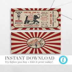 an old circus ticket is shown with the word instant printable on it, and there are