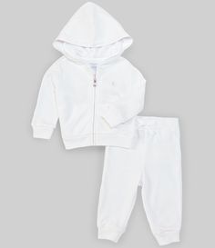 This essential set from Ralph Lauren is made from comfy French terry and finished with Ralph Lauren's signature embroidered Pony.2-piece setHoodie with a signature embroidered Pony at the left chest, self-lined hood, full-zip front, long sleeves with ribbed cuffs, split kangaroo pocket, and a ribbed hem. Size 9 months has an approx. 12¼" body length and a 14½" sleeve length. Pant wit Cotton Hooded Loungewear Set, White Cotton Tracksuit With Drawstring Hood, White Hooded Loungewear Set, Light Grey Leggings, Ralph Lauren Baby Girl, Bridesmaid Dresses Plus Size, Baby Brother, Future Life, Adorable Baby