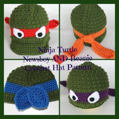 crochet ninja turtle hat and beanie with bow for baby to adult sizes