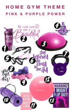 an advertisement for pink and purple products with the words, home gym themes, and other items