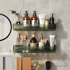 a bathroom shelf filled with different types of skin care products on top of each other