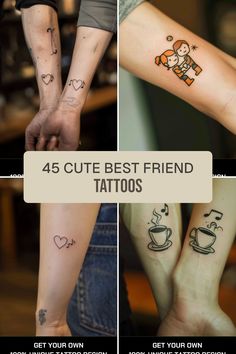 four different tattoos with the words, cute best friend and coffee cup on each arm