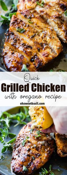 grilled chicken with oreganoa recipe on a black plate and in the background