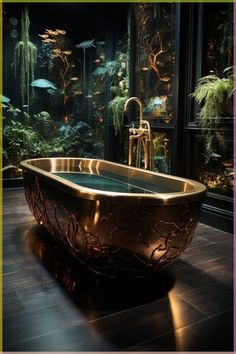 an ornate bathtub in the middle of a room with fish and plants on it