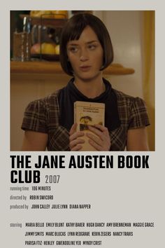 the jane austen book club poster with an image of a woman holding a book