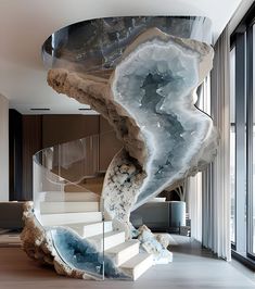 a spiral staircase in the middle of a room with large glass windows and marble steps leading up to it