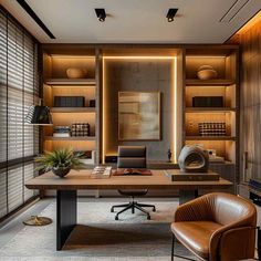 an office with wooden shelves, leather chairs and a desk in front of a window