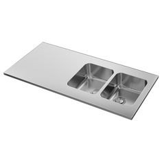 stainless steel double bowl sink with drainers and faucet holes on the side