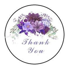 a thank sticker with purple flowers and greenery in the center that says, thank you