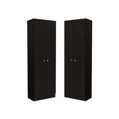 two tall black cupboards sitting next to each other on a white background with one door open