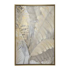 an abstract painting with white and gold leaves on it's sides, framed in wood frame