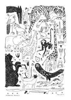 a drawing of animals and birds in black and white