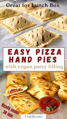 2 pictures showing vegan pizza hand pies with burger filling and tomato sauce. Pie Crust Savory Recipes, Pie Crust Savory, Pizza Hand Pies, Vegan Burger Patty, Handheld Dinner, Handheld Pies, Pies Savory, Crispy Pizza Crust, Hand Pies Savory