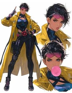 two women in yellow raincoats and pink bubble gum on their lips, one with black hair