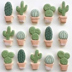 decorated cookies in the shape of cactuses and succulents