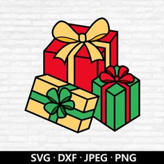 three wrapped presents with bows and ribbons on white brick wall background, svg dxf file