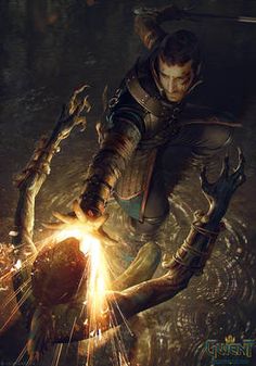 an image of a person in the water with fire coming out of his hands and holding something