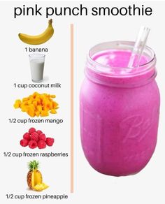 a pink smoothie in a mason jar with ingredients to make it look like a smoothie