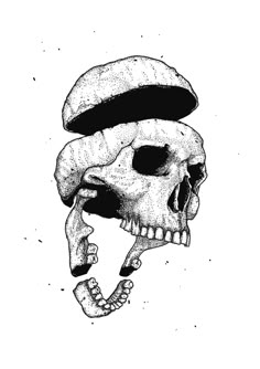 a black and white drawing of a skull with a hat on it's head